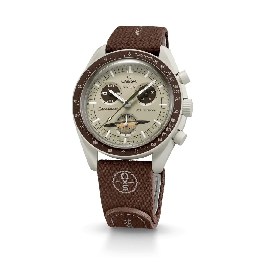 MoonSwatch em borracha castanha/bege