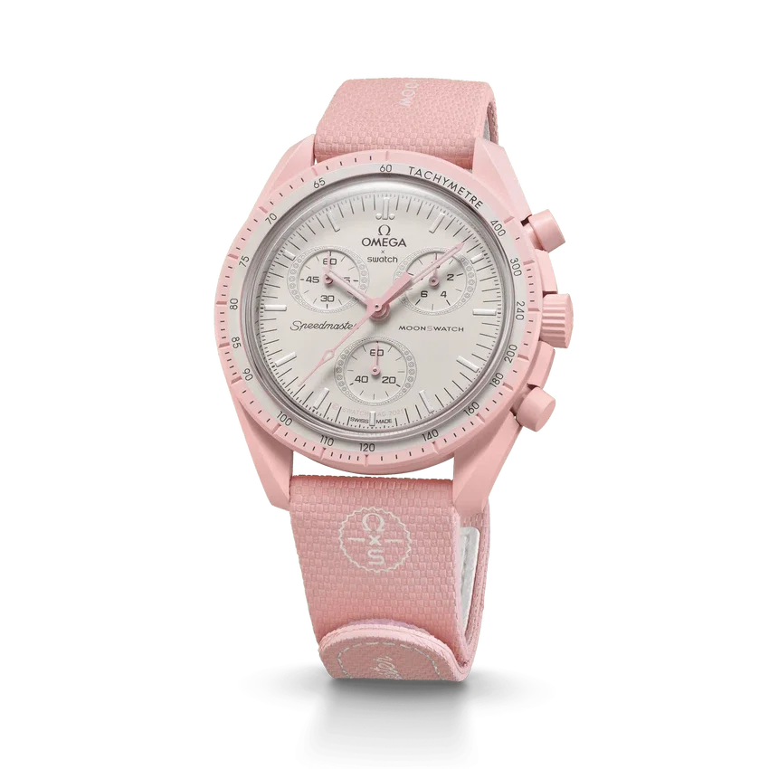 MoonSwatch em borracha rosa claro/branco