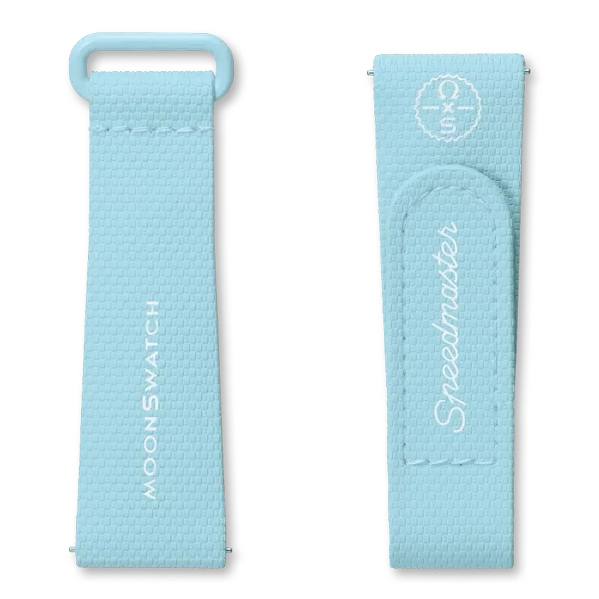 Pulseira MoonSwatch em borracha azul-claro/branca