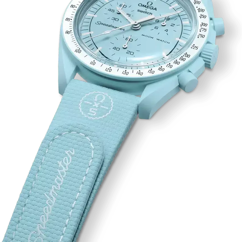 Pulseira MoonSwatch em borracha azul-claro/branca