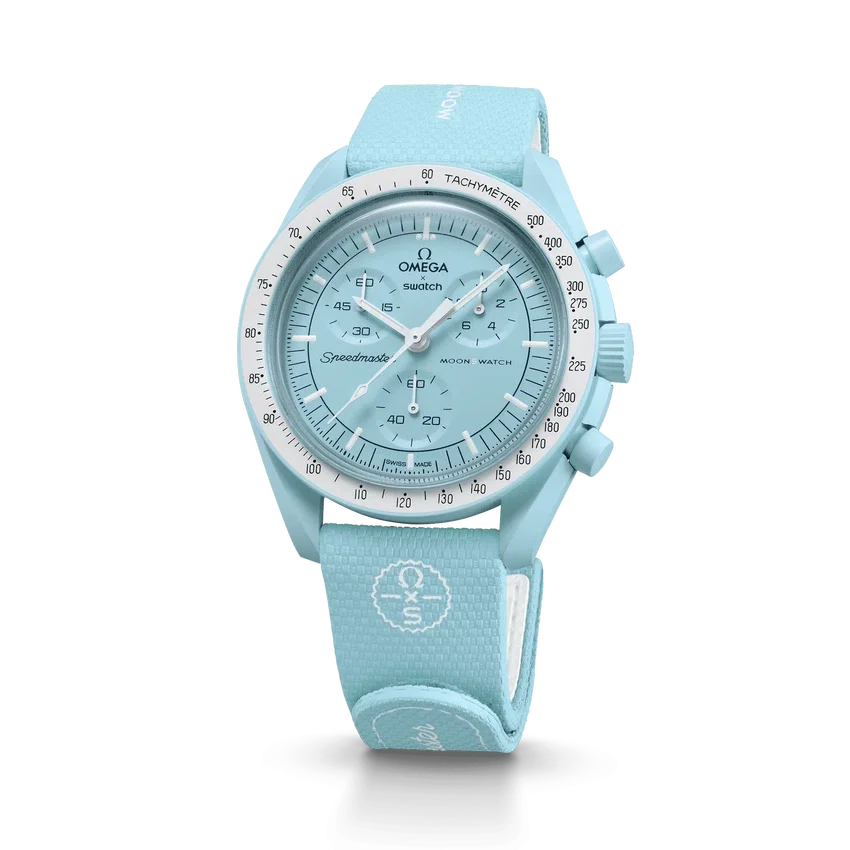 Pulseira MoonSwatch em borracha azul-claro/branca